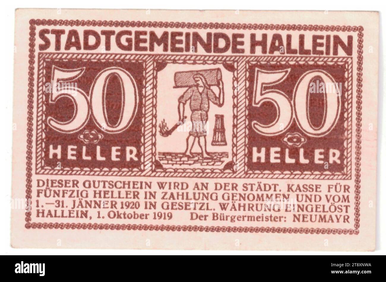 Voucher, 50 Heller, Municipality Hallein (Salzburg), Mint Authority, 1.10.1919-31.1.1920, paper, print, height 45 mm, width 68 mm, mint area, Austria, 1st Republic (1918-1933), finance, trade mark, private coin, The Vienna Collection Stock Photo