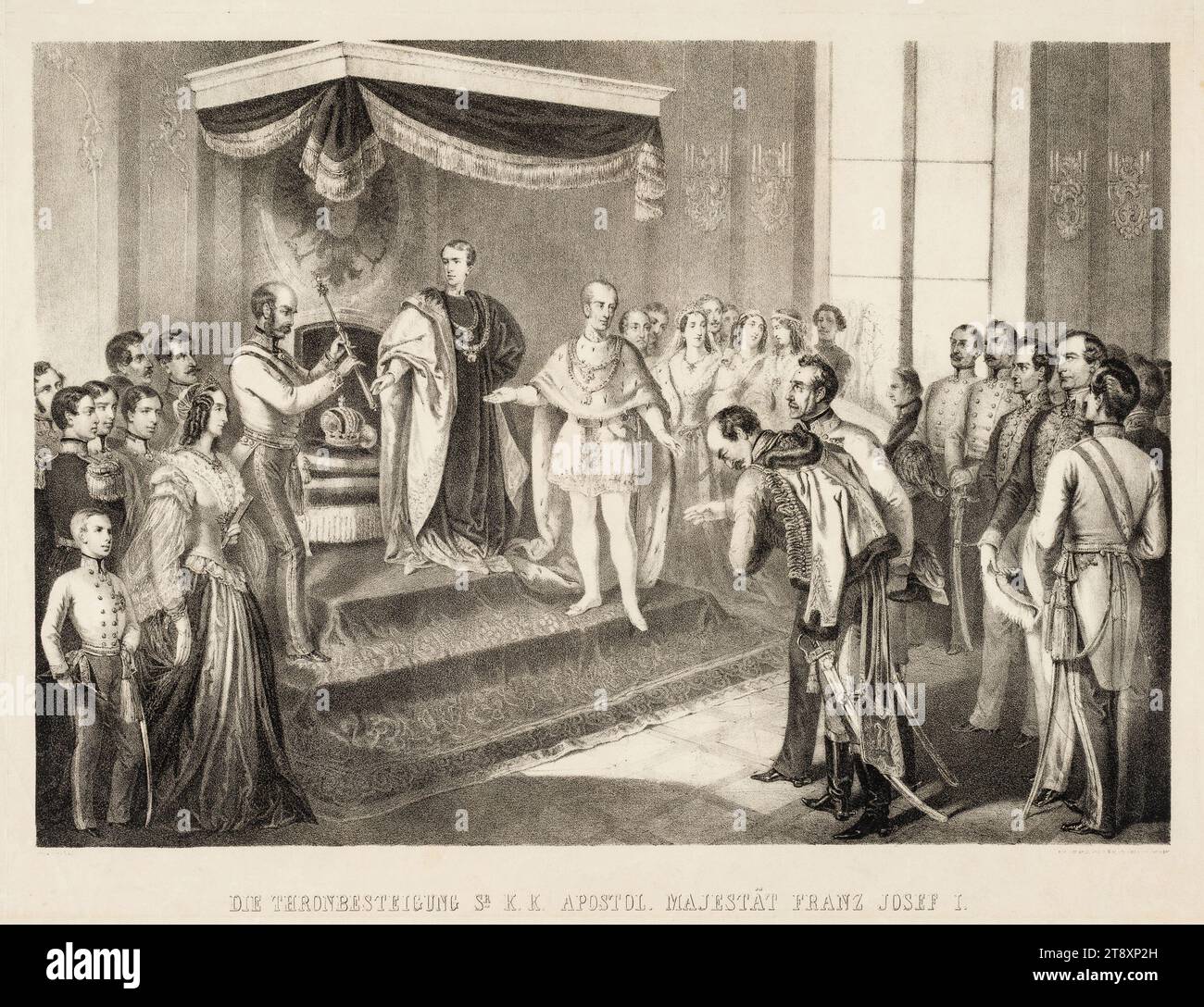 THE ACCESSION TO THE THRONE OF SR K. K. APOSTOL. MAJESTY FRANZ JOSEF I.' (on December 2, 1848) (depicting Archduke Franz Karl, Archduchess Sophie, Jelačić and Windischgrätz), Franz Kollarz (Kolář) (1825-1894), lithographer, A. Härtinger, printer, 1848-1849, paper, chalk lithograph, height 43.7 cm, width 54 cm, Dynastic events, Habsburgs, politics, family, revolutions of 1848, 1849, fine arts, throne, coronation of ruler, man, king; emperor, ruler, sovereign, Emperor Franz Joseph I., The Vienna Collection Stock Photo