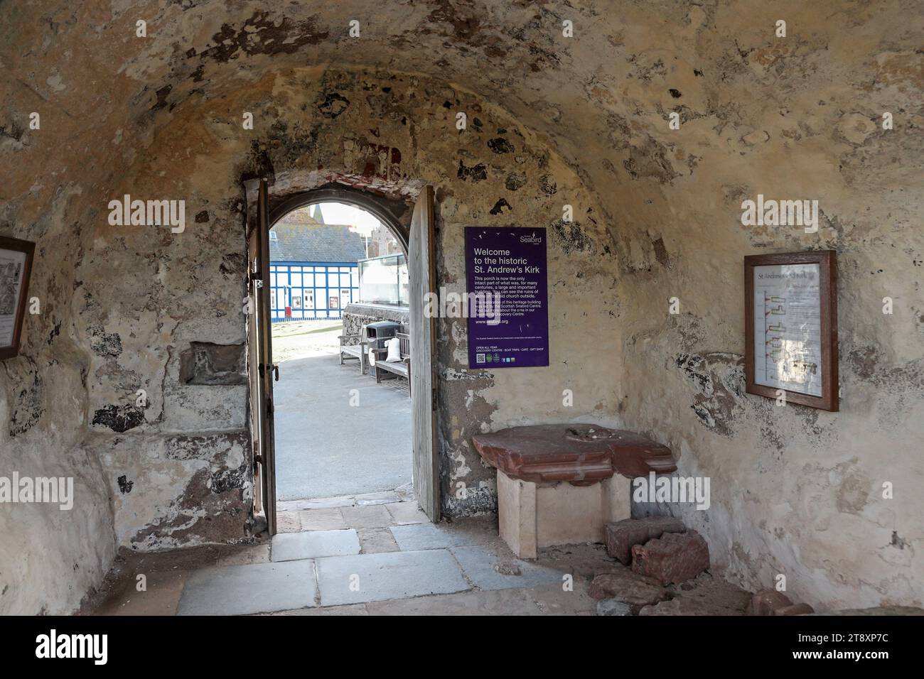 The interior of the porch in the remains of St Andrews Kirk, North Berwick, East Lothian, Scotland, UK Stock Photo