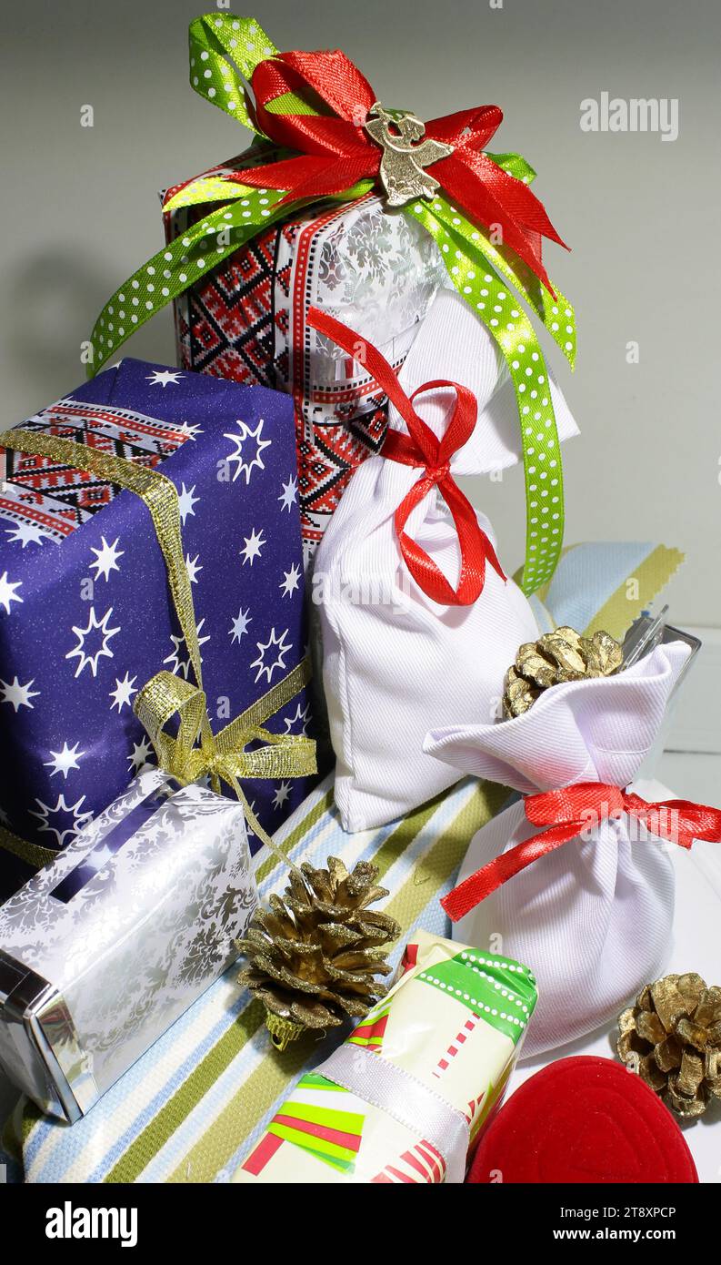 Bright wrappers and packaging for New Year and Christmas gifts Stock Photo
