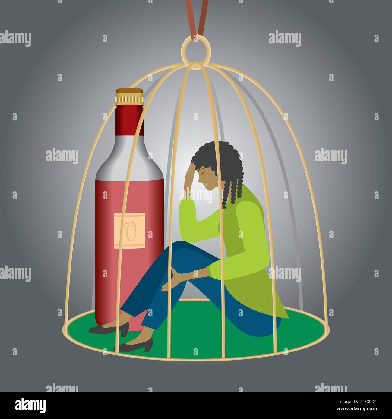 Sad woman, girl trapped in birdcage with a bottle of red wine. Square composition. Vector illustration. Stock Vector