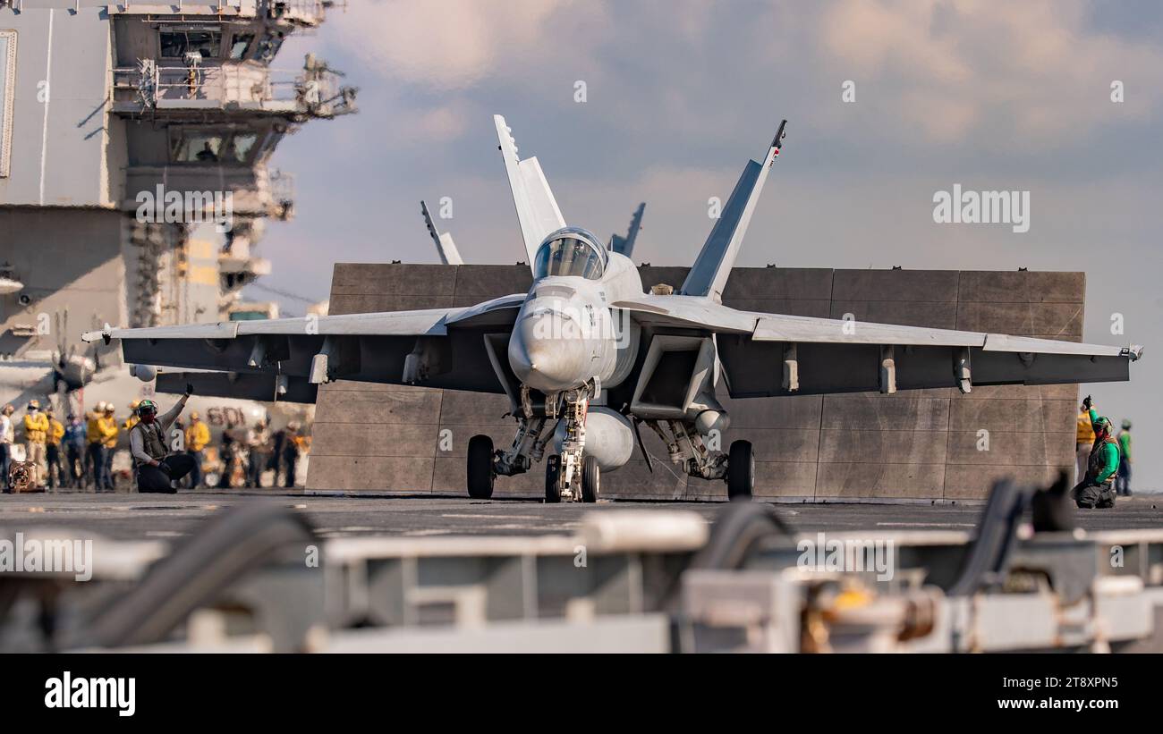 An F/A-18E Super Hornet prepares to launch from the flight deck USS Gerald Ford, Mediterranean Sea on Oct. 15, 2023. Photo by Jennifer Newsome Stock Photo