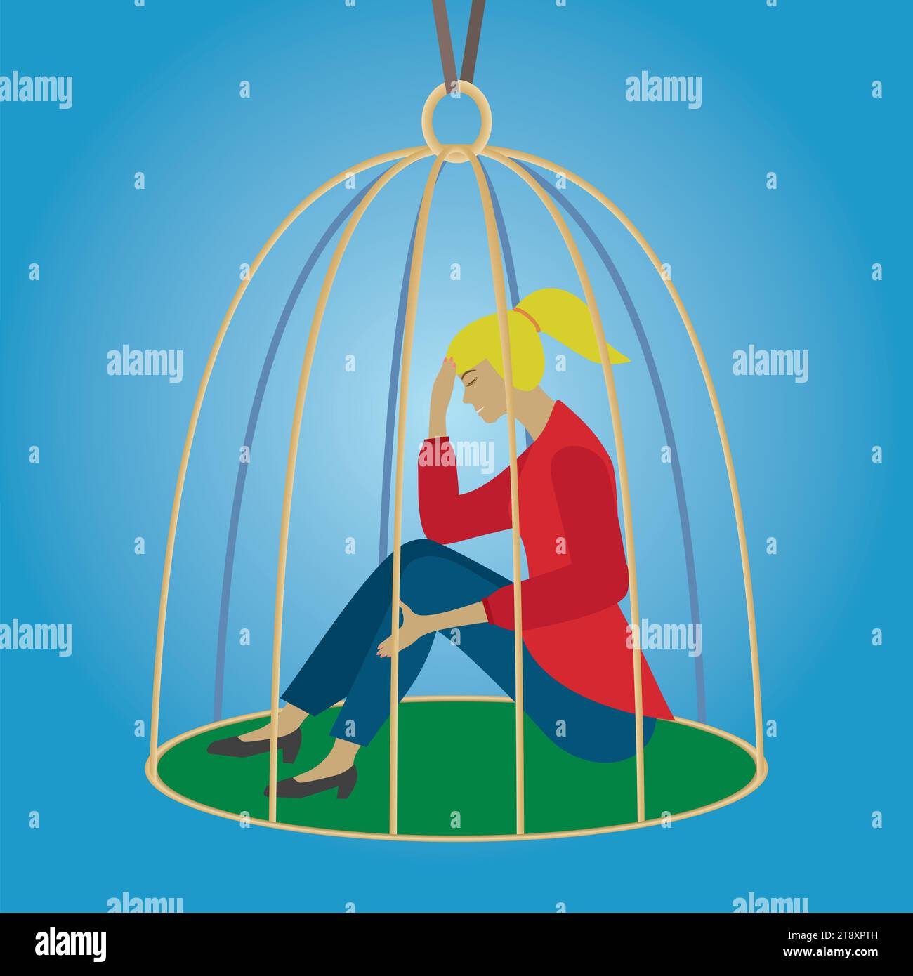 Sad and lonely woman trapped in birdcage. Square composition. Vector illustration. Stock Vector