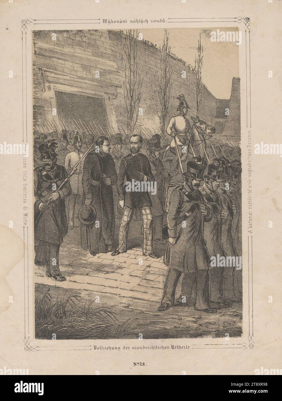 Execution of the sentences under civil law. (among others to Messenhauser on November 16, 1848) (No. 28 from: 'Vaterländische Bilder-Chronik aus der Geschichte des österreichischen Kaiserstaates ...'), 1849, paper, chalk lithograph, height 29, 1 cm, width 22, 3 cm, fine arts, revolutions of 1848, 1849, death penalty, execution, The Vienna Collection Stock Photo