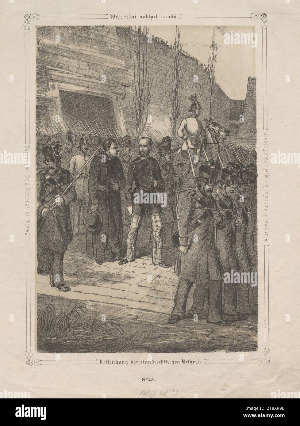 Execution of the sentences under civil law. (among others to Messenhauser on November 16, 1848) (No. 28 from: 'Vaterländische Bilder-Chronik aus der Geschichte des österreichischen Kaiserstaates ...'), 1849, paper, chalk lithograph, height 28, 3 cm, width 22, 5 cm, fine arts, revolutions of 1848, 1849, death penalty, execution, The Vienna Collection Stock Photo