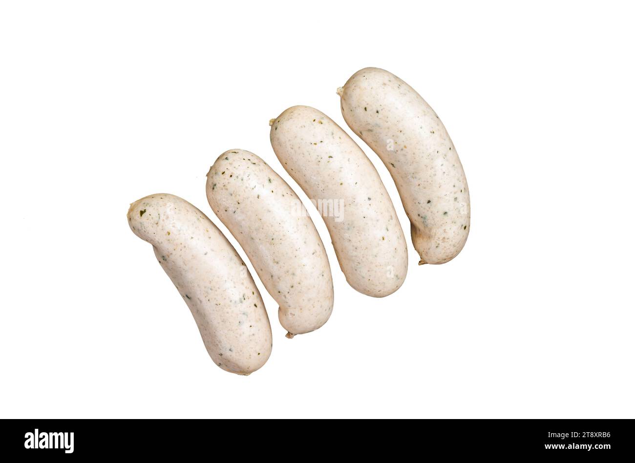 Traditional German Bavarian white sausage in steel tray with mustard. Isolated, white background Stock Photo