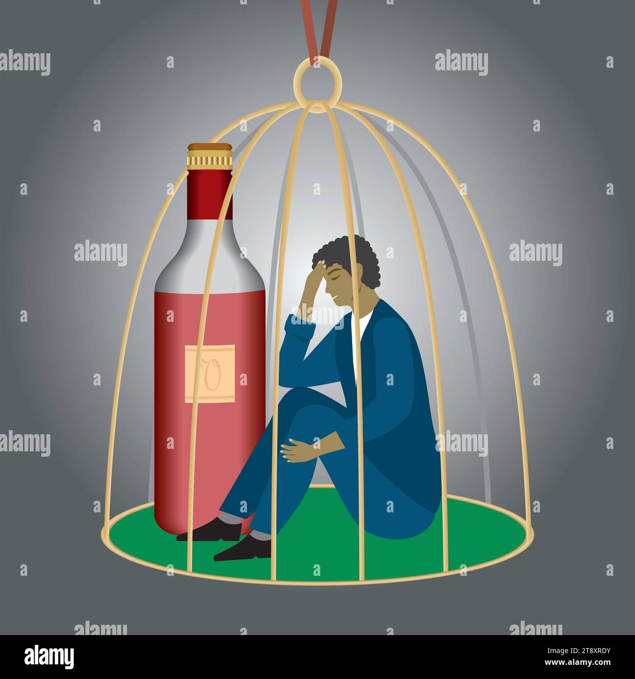 Sad man trapped in birdcage with a bottle of red wine. Square composition. Vector illustration. Stock Vector