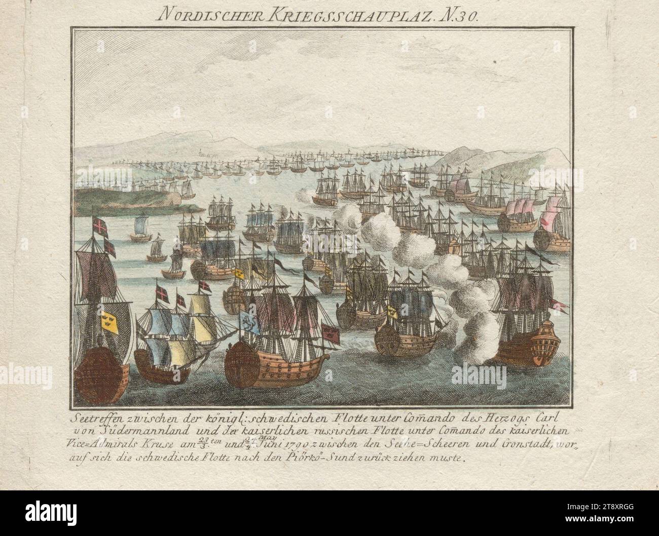 No. 30 of the series 'Nordic Theater of War': sea meeting of the Royal Swedish and the Imperial Russian Fleets on June 3 and 4, 1790, Unknown, 1790, paper, colored, copperplate engraving, height 19 cm, width 24 cm, plate size 17, 1×19, 6 cm, war and warfare, fine arts, military, battle, battle in general, battle (+ naval forces), sailing ship, sailing boat, The Vienna Collection Stock Photo