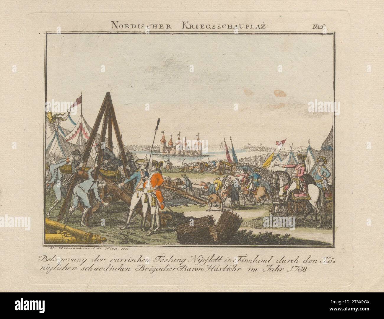 No. 5 of the series 'Nordic Theater of War': siege of the Russian fortress Nysflott in Finland, Johann Caspar Weinrauch (1765-1846), engraver, 1788, paper, colored, copperplate engraving, height 19, 3 cm, width 24, 4 cm, plate size 16×18, 9 cm, war and warfare, fine arts, military, battle, battle in general, the soldier; the soldier's life, siege, firearms: Cannon, man, The Vienna Collection Stock Photo