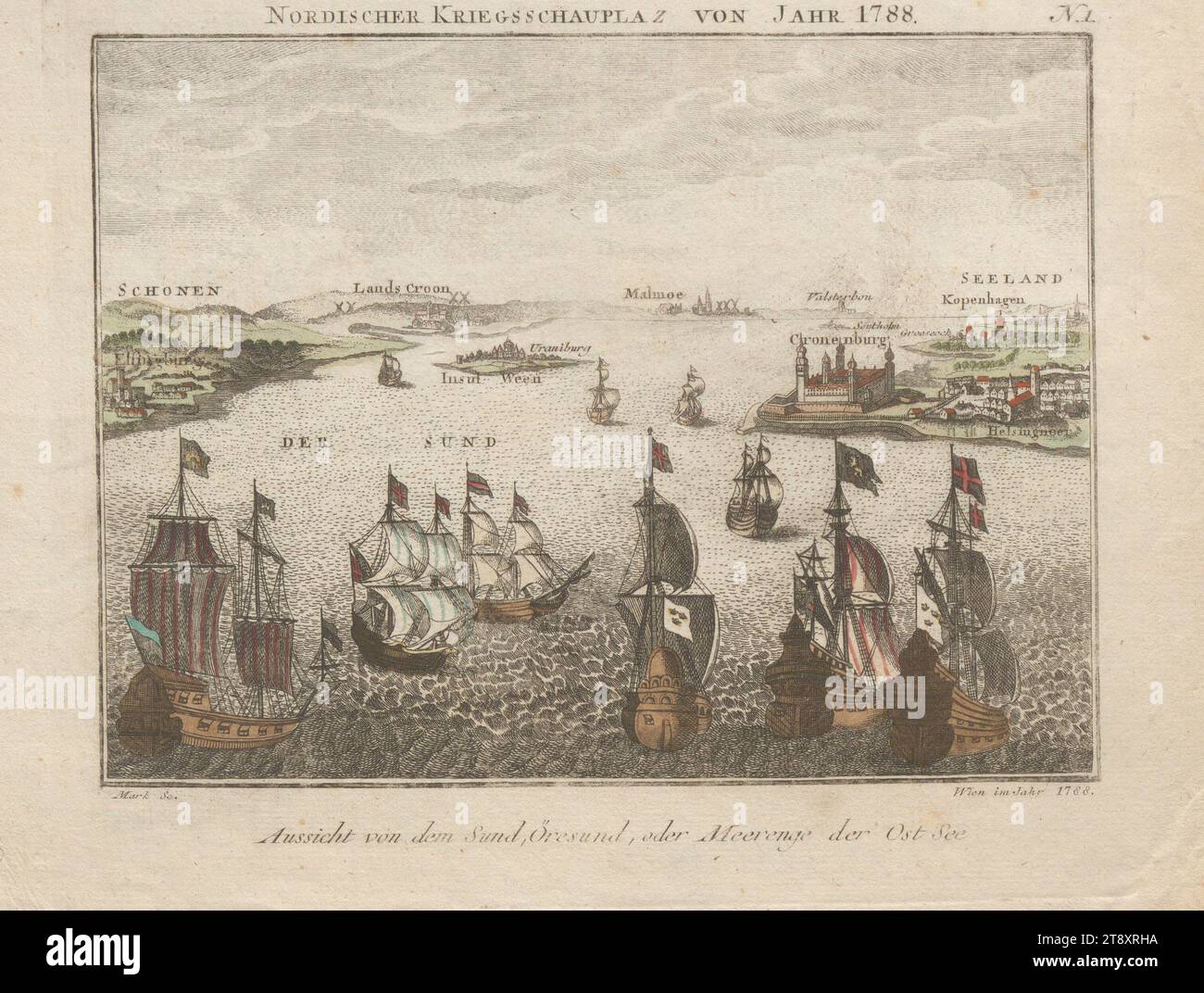No. 1 of the series 'Nordic Theater of War': view from the Oresund in the Baltic Sea, Quirin Mark (1753-1811), engraver, 1788, paper, colored, copperplate engraving, height 17.8 cm, width 22.3 cm, plate size 16.1×19 cm, war and warfare, fine arts, military, the soldier; the soldier's life, sailing ship, sailing boat, sea, navy, ships (general), The Vienna Collection Stock Photo