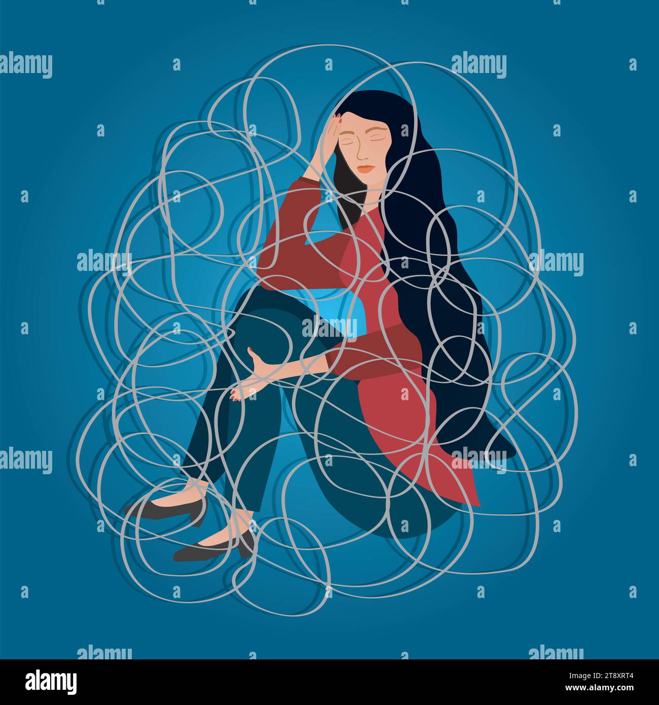 Sad woman, girl sitting in messy life with problems or depression. Square position. Vector illustration. Stock Vector