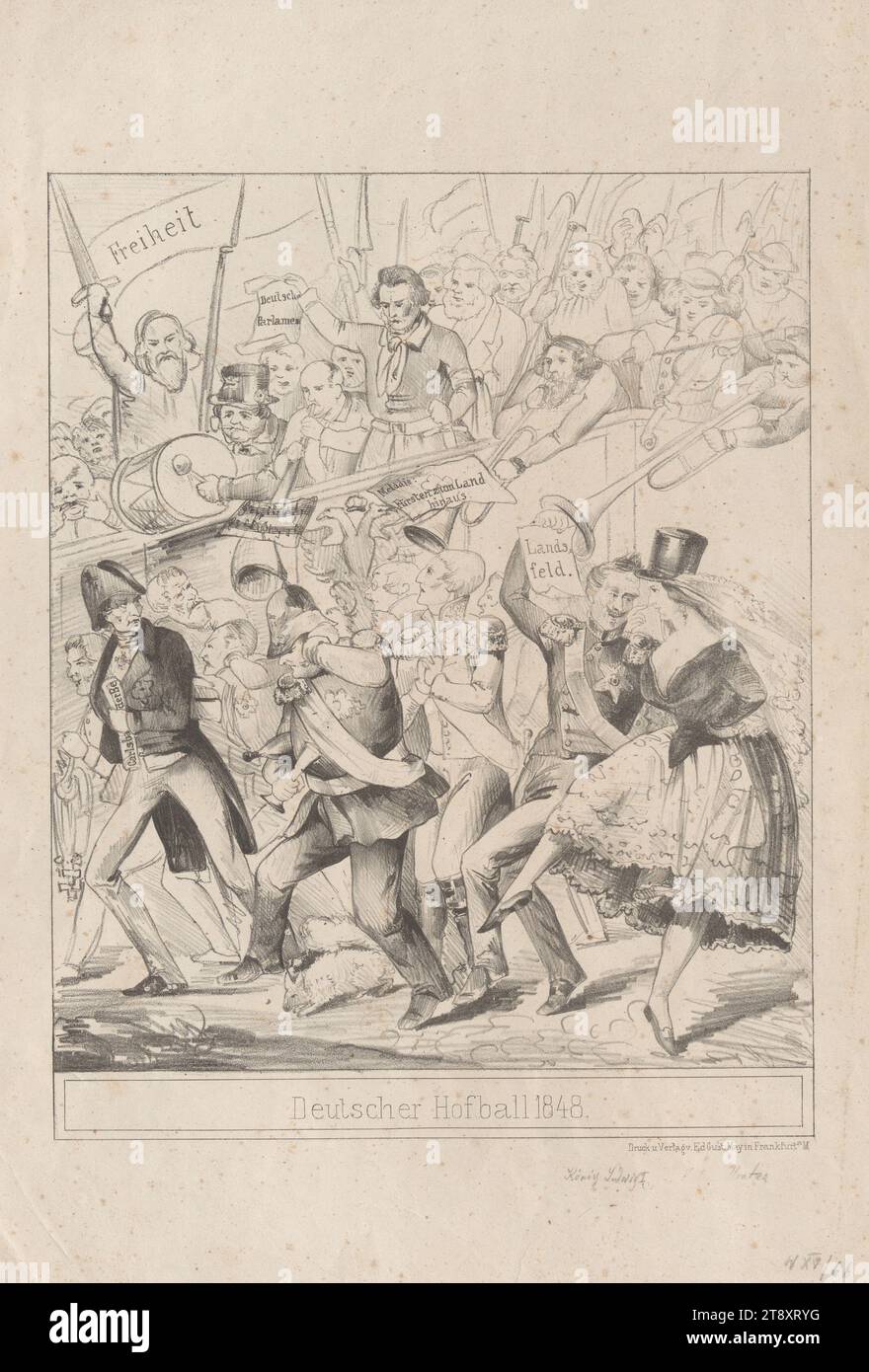 German Court Ball 1848.' (Caricature of the 1848 Revolution: Metternich, King Friedrich Wilhelm IV, Emperor Ferdinand and King Ludwig I of Bavaria with Lola Montez), Eduard Gustav May (1818-1907), publisher, 1848, paper, chalk lithograph, height 43.3 cm, width 30.4 cm, caricature, satire, revolutions of 1848, 1849, pre-March, Biedermeier, ball, ballroom dancing, The Vienna Collection Stock Photo