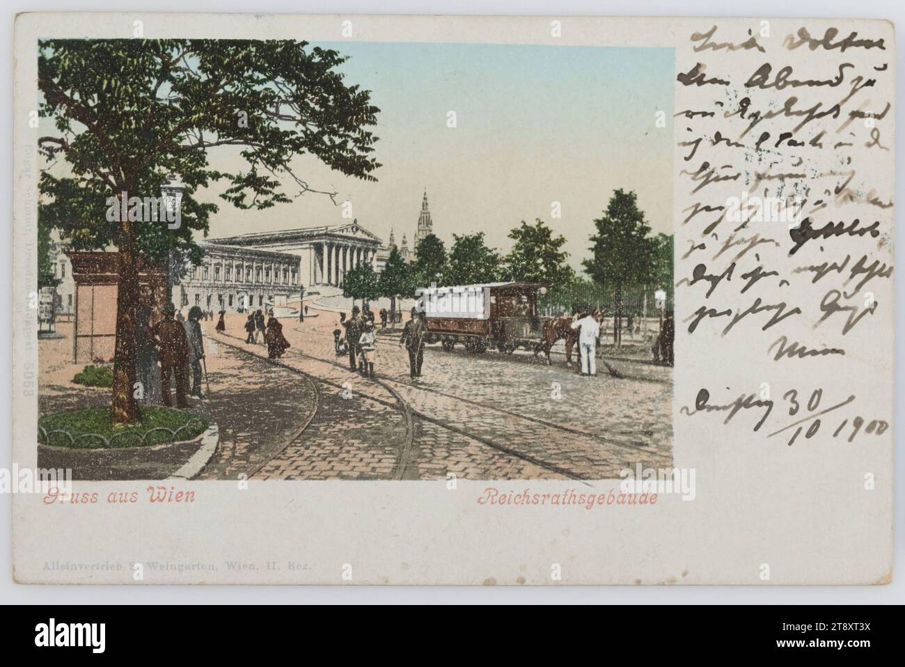 Greeting from Vienna. Reichsrathsgebäude, Edgar Schmidt, Producer, Sigmund Weingarten, Producer, 1900, coated paperboard, photochrom, Inscription, FROM, Vienna, TO, Wien Döbling, ADDRESS, Wohlg. Fräu. -Cottage Gasse 46, Döbling, Villa Dolfi, MESSAGE, Dear [Dol], Returned in the evening I found the l. card in the door, Glad [me?] to [see? say?] you, Thank God that nothing is missing to him, cordially. Greetings [M], Tuesday 30, 10 1900, Attractions, Ringstrasse, Law and Justice, Media and Communication, Postcards with transliteration, 1st District: Innere Stadt, diligence, omnibus Stock Photo
