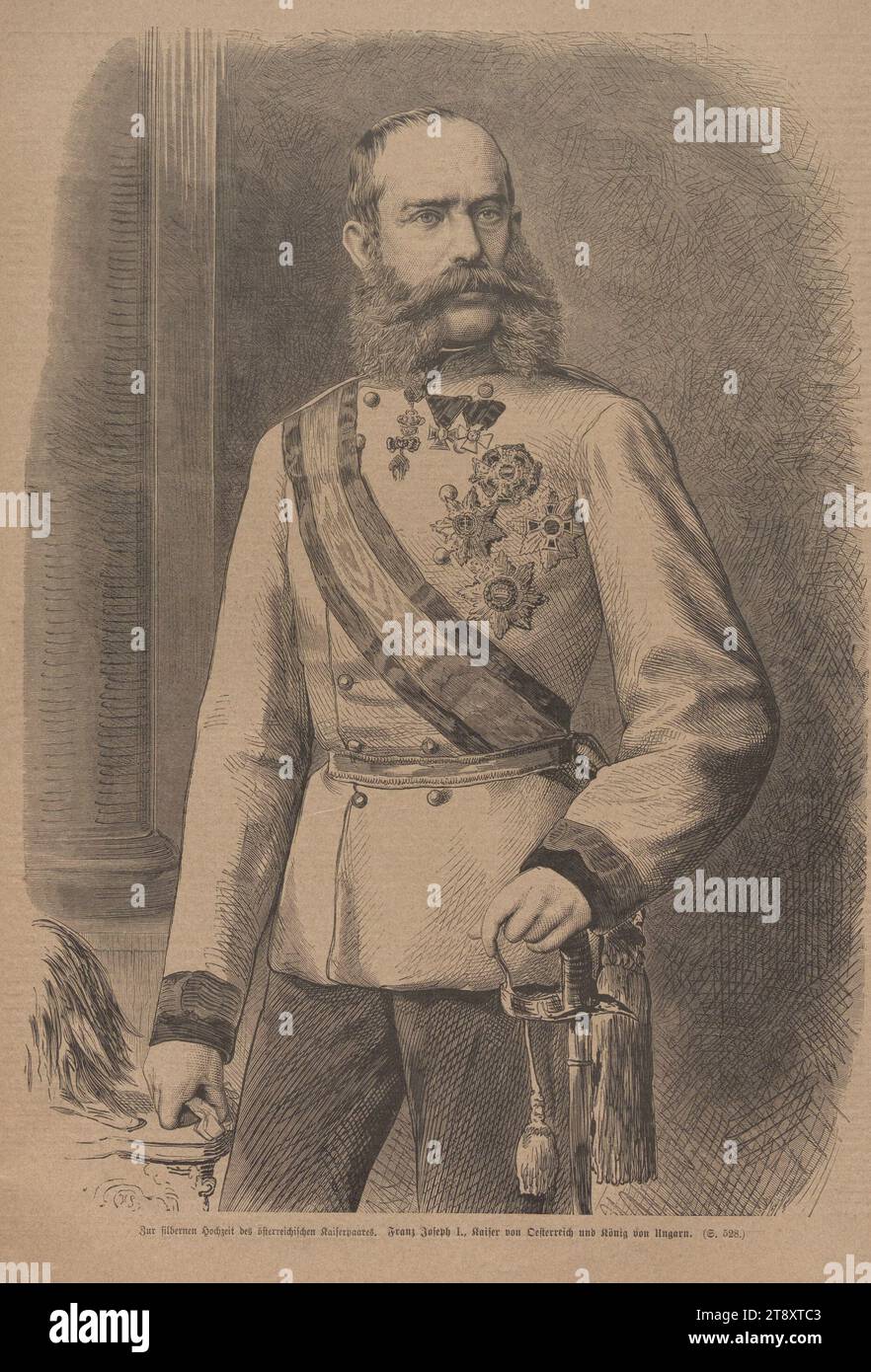 For the silver wedding of the Austrian imperial couple. Franz Joseph I, Emperor of Austria and King of Hungary.', Unknown, 1879, paper, wood engraving, height 38, 5 cm, width 26, 8 cm, Fine Arts, Habsburgs, Media and Communication, Estate Constantin von Wurzbach, portrait, ruler, sovereign, man, (military) uniforms, weekly, monthly, magazine, etc., king; emperor, Kaiser Franz Joseph I., The Vienna Collection Stock Photo