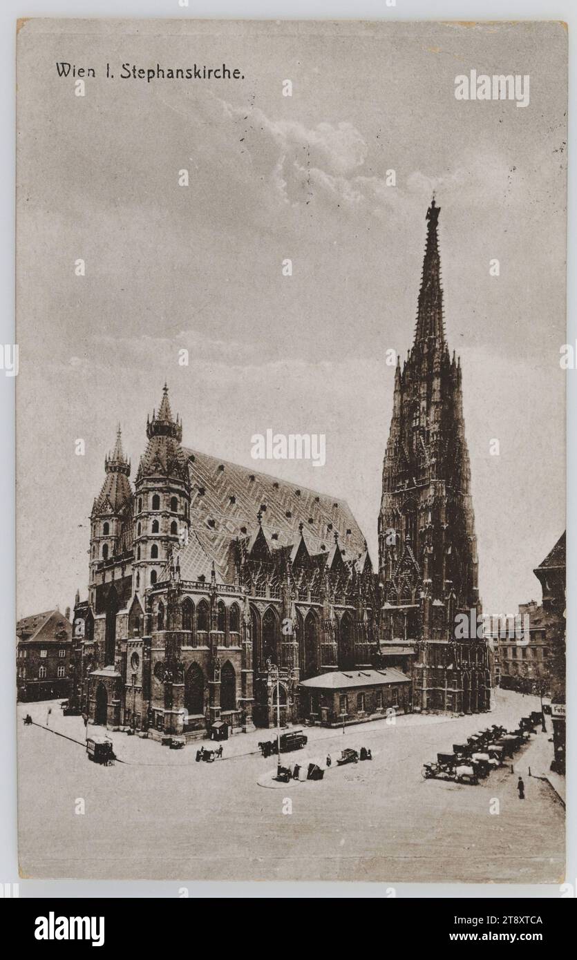 Vienna I. Stephanskirche, Unknown, 1933, paperboard, Collotype, Inscription, FROM, Vienna, TO, Grenzach, Baden, Germany, ADDRESS, Mr. p.A. Hofmann La Roche A.S., Grenzach, Baden, Germany, MESSAGE, Vienna, May 19, 1932, Dear Walter, I am sure you are surprised to get a message from me in Vienna. Perhaps you have already received a letter that Uncle M. Ed. has died. I had to represent the family. It is always nice in Vienna. I have only 2 half days for myself, but it is fine. Greetings [name], St. Stephen's Cathedral, Attractions, Media and Communication, Postcards with transliteration Stock Photo
