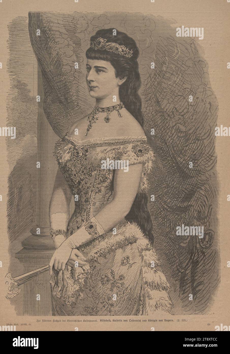 For the silver wedding of the Austrian imperial couple. Elisabeth, Empress of Austria and Queen of Hungary', Unknown, 1879, paper, wood engraving, height 38, 5 cm, width 27, 7 cm, Fine Arts, Habsburgs, Fashion, Media and Communication, Estate Constantin von Wurzbach, portrait, woman, dress, gown, queen; empress, weekly, monthly, magazine, etc., ruler, sovereign, Elisabeth of Austria-Hungary, The Vienna Collection Stock Photo