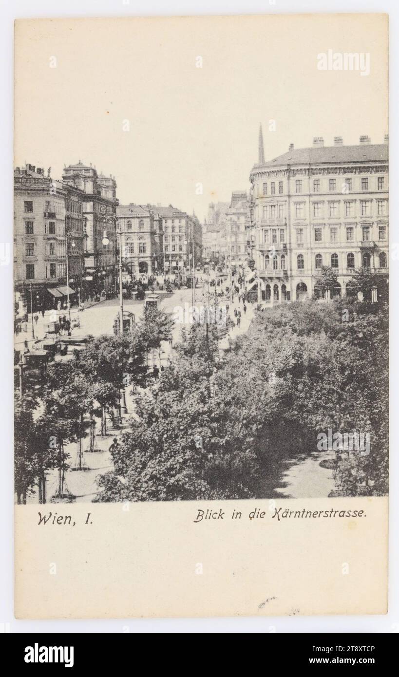 Vienna, I., View of Kärntnerstraße, Wolf, Vereinigte Kunstanstalten, Vienna, Producer, Date around 1908, paperboard, Collotype, Inscription, FROM, Vienna, TO, Tišnov, ADDRESS, Velectěné slečně [jméno] v Tišnově. Moravia, MESSAGE, Velectěná slečno! Díky za dopis. Do Brna možno mi t.m. 8ho příští čtvrtek. Je li možno čekám dopis. Pozdrav a poručení na pí tetičku. Čekám dopis od Vás. Díky za pohled. S pozdravem Josef, Dear Miss! Thank you for the letter. I can come to Brno on the 8th of this month Stock Photo