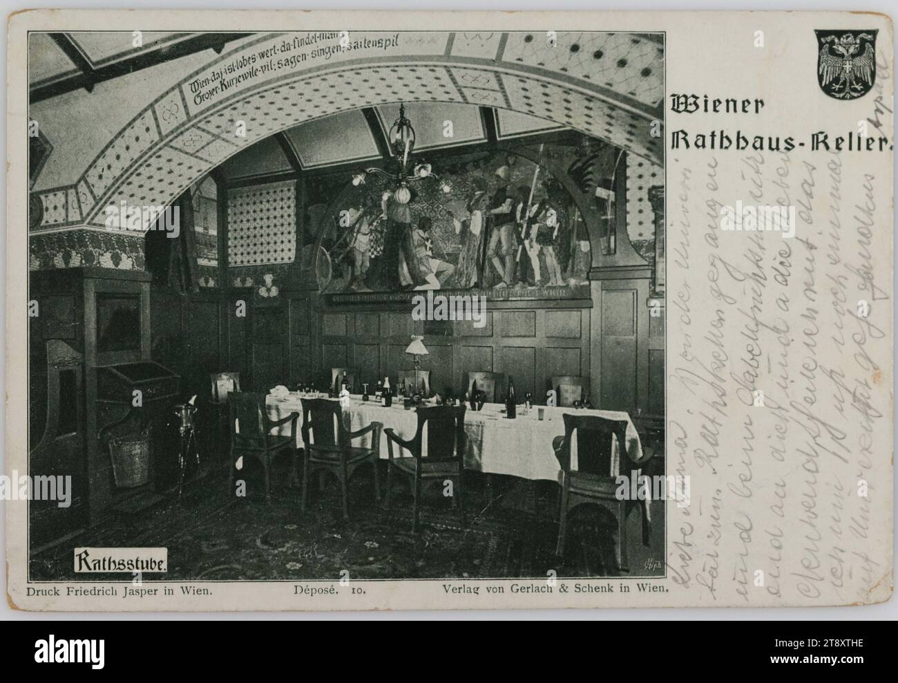 Vienna Town Hall Cellar. Rathsstube, Gerlach & Schenk (Verlag) (1874-1901), Producer, Friedrich Jasper, Printer, 1899, coated paperboard, halftone print, Inscription, FROM, Vienna, TO, Selmeczbánya, Ober Ungarn, ADDRESS, Wohlgeboren, Frau [Name], Selmeczbánya, Ober Ungarn, MESSAGE, Liebe Mama, I went from the university to the cellar of the town hall and sitting at the fork breakfast thinking of you and the dear ones, I inform you that I will go to the university again at 11 o'clock Handkus, Arpad, Hotel and Restaurant Industry, Media and Communication, Postcards with transliteration Stock Photo