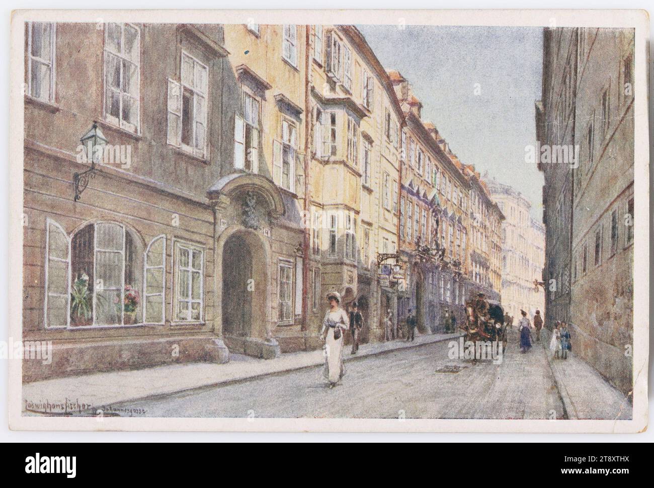 Ludwig Hans Fischer. Wien, I. Johannesgasse, 1923, coated paperboard, halftone print, Media and Communication, Postcards with transliteration, 1st District: Innere Stadt, street, the usual house or row of houses, flat-building, apartment house, house combined with store, with people, four-wheeled, animal-drawn vehicle, e.g.: cab, carriage, coach, handwriting, written text, Johannesgasse, The Vienna Collection Stock Photo