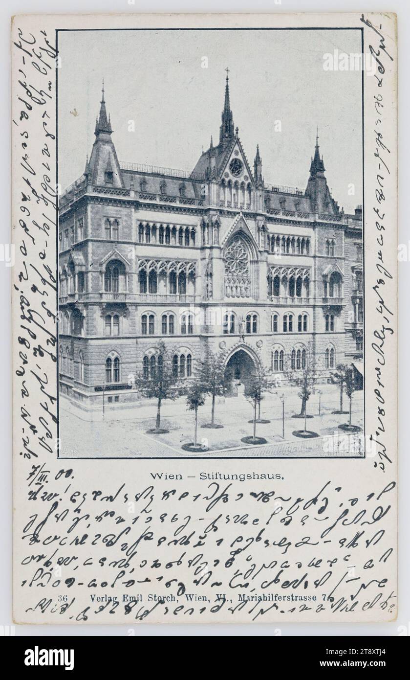 1st, Schottenring 7 - Sühnhaus, Stiftungshaus, picture postcard, Emil Storch, Producer, 1900, paperboard, halftone print, Inscription, FROM, Vienna, TO, Scheibbs NÖ, MESSAGE, An Wohlgeboren Fräulein (Name) Lehrerin, 7.3. 1900, (shorthand), Ringstraße, Media and Communication, Vanished Sites and Structures, Postcards with transliteration, 1st District: Innere Stadt, flat-building, apartment house, Sühnhaus, handwriting, written text, Schottenring, The Vienna Collection Stock Photo
