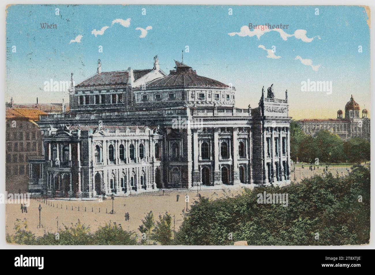 Wien Burgtheater, A. Grünspann, Producer, 1907, coated paperboard, autochrome print, Inscription, FROM, Wien, TO, Graz, ADDRESS, Herr, [...] [...], Privatbeamter, Graz, Kalvariengürtel 30, MESSAGE, Sende Dir meine herzl. Greetings also to mother. I am well. Franz, Beste Grüsse, [...], Ringstraße, Theatre, Attractions, Media and Communication, Postcards with transliteration, 1st District: Innere Stadt, theatre (building), Burgtheater, handwriting, written text, Universitätsring, The Vienna Collection Stock Photo
