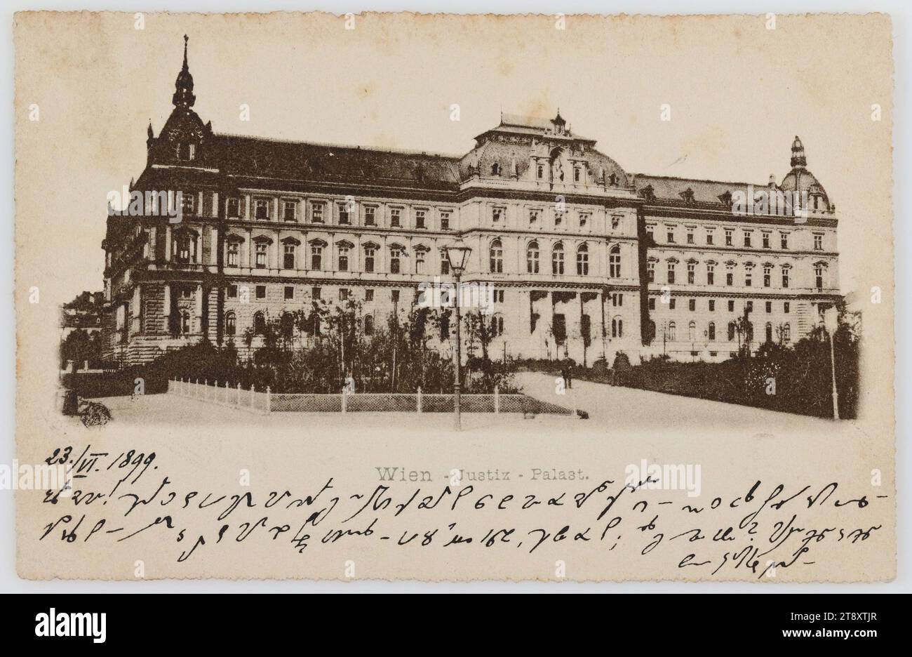 Vienna - Palace of Justice, Unknown, 1899, paperboard, Collotype, Inscription, FROM, Vienna, TO, Scheibbs, ADDRESS, Wohlgeboren Fräulein [name] Lehrerin Scheibbs N.Ö., MESSAGE, 13., VI. 1899. [steno] Quick writing? Upper and lower case are hardly noticed, Dearest Hermine, Meaning: thanks for a card, Law and Justice, Media and Communication, Postcards with transliteration, 1st District: Innere Stadt, Justizpalast, handwriting, written text, Schmerlingplatz, The Vienna Collection Stock Photo