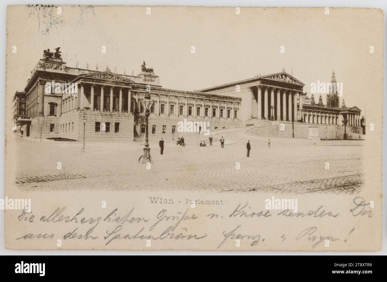 Vienna - Parliament, Unknown, 1898, paperboard, Collotype, Inscription, FROM, Vienna, TO, Scheibbs N.Ö., ADDRESS, Fräulein, [name], Scheibbs, N.Ö., MESSAGE, The warmest greetings and kisses send you from the Spatenbräu Franz u Papa !, Attractions, Ringstraße, Law and Justice, Media and Communication, Postcards with transliteration, 1st District: Innere Stadt, street lighting, with people, townhall, parliament, Parlament Wien, handwriting, written text, Dr.-Karl-Renner-Ring, The Vienna Collection Stock Photo