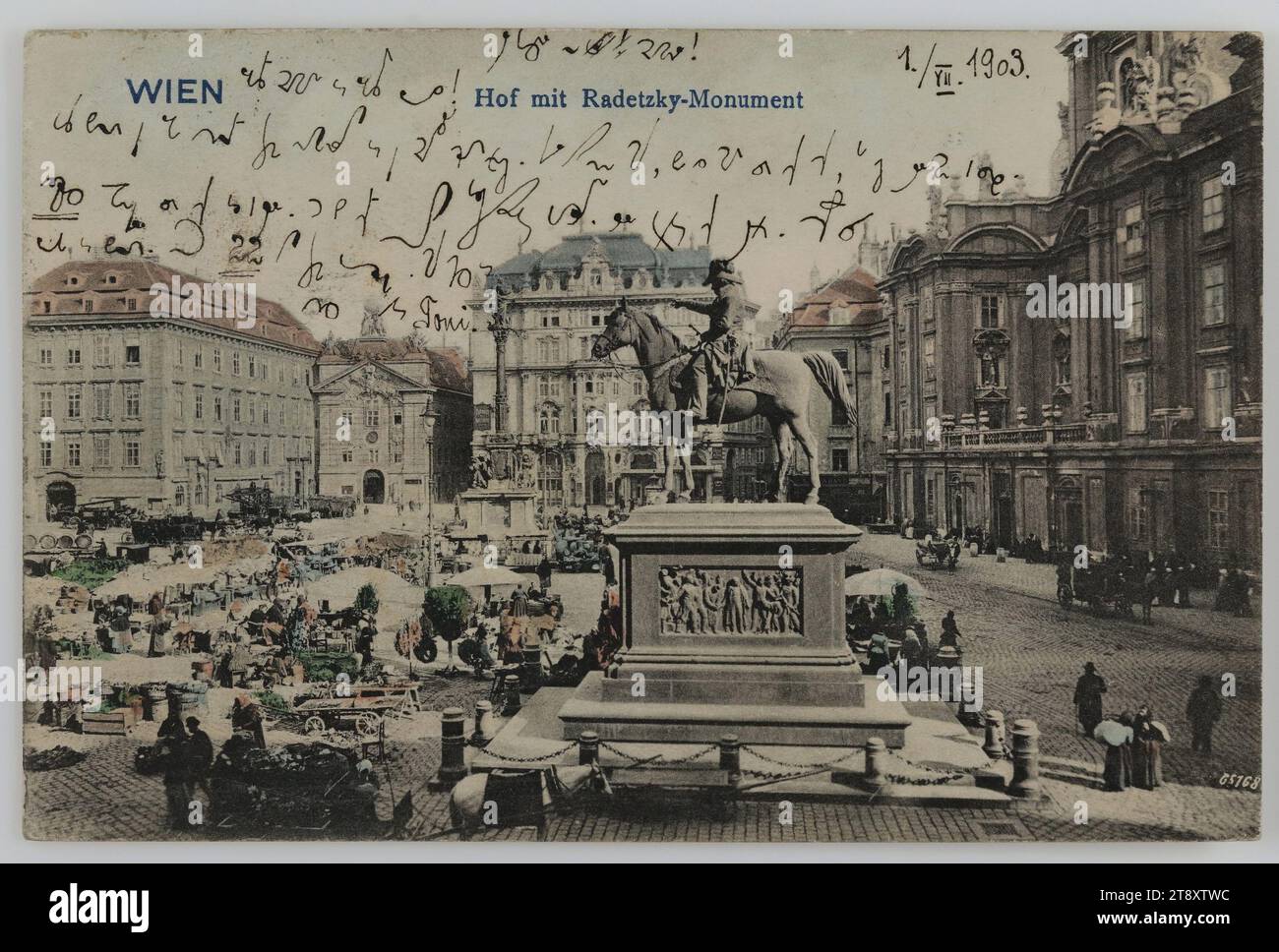VIENNA, Hof mit Radetzky-Monument, Unknown, 1909, paperboard, hand colorised, Collotype, Height×Width: ca. 9×14 cm, Inscription, FROM, Vienna, TO, Scheibbs, ADDRESS, Hochwohlgeboren, Herrn u Frau Dir., Scheibbs, N.Ö., MESSAGE, 1.VII.1909, Text in shorthand!, Markets, Trade, Media and Communication, Postcards with transliteration, 1st District: Innere Stadt, square, place, circus, etc., with people, sculpture, church (exterior), monument, statue, handwriting, written text, Am Hof, Radetzkydenkmal (1), equestrian statue, Kirche am Hof Stock Photo