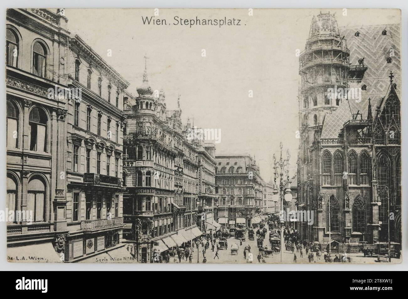 1st, Stephansplatz - view from Stock-im-Eisen-Platz towards Rotenturmstraße, picture postcard, Österreichische Lichtdruck-Anstalt, Producer, 1904, paperboard, Collotype, St. Stephan's Cathedral, Attractions, Construction, 1st District: Innere Stadt, square, place, circus, etc., the usual house or row of houses, flat-building, apartment house, house combined with store, with people, church (exterior), street lighting, four-wheeled, animal-drawn vehicle, e.g.: cab, carriage, coach, diligence, omnibus, horse-tram, (farm) wagon, freight wagon, cart, street, Stephansplatz Stock Photo