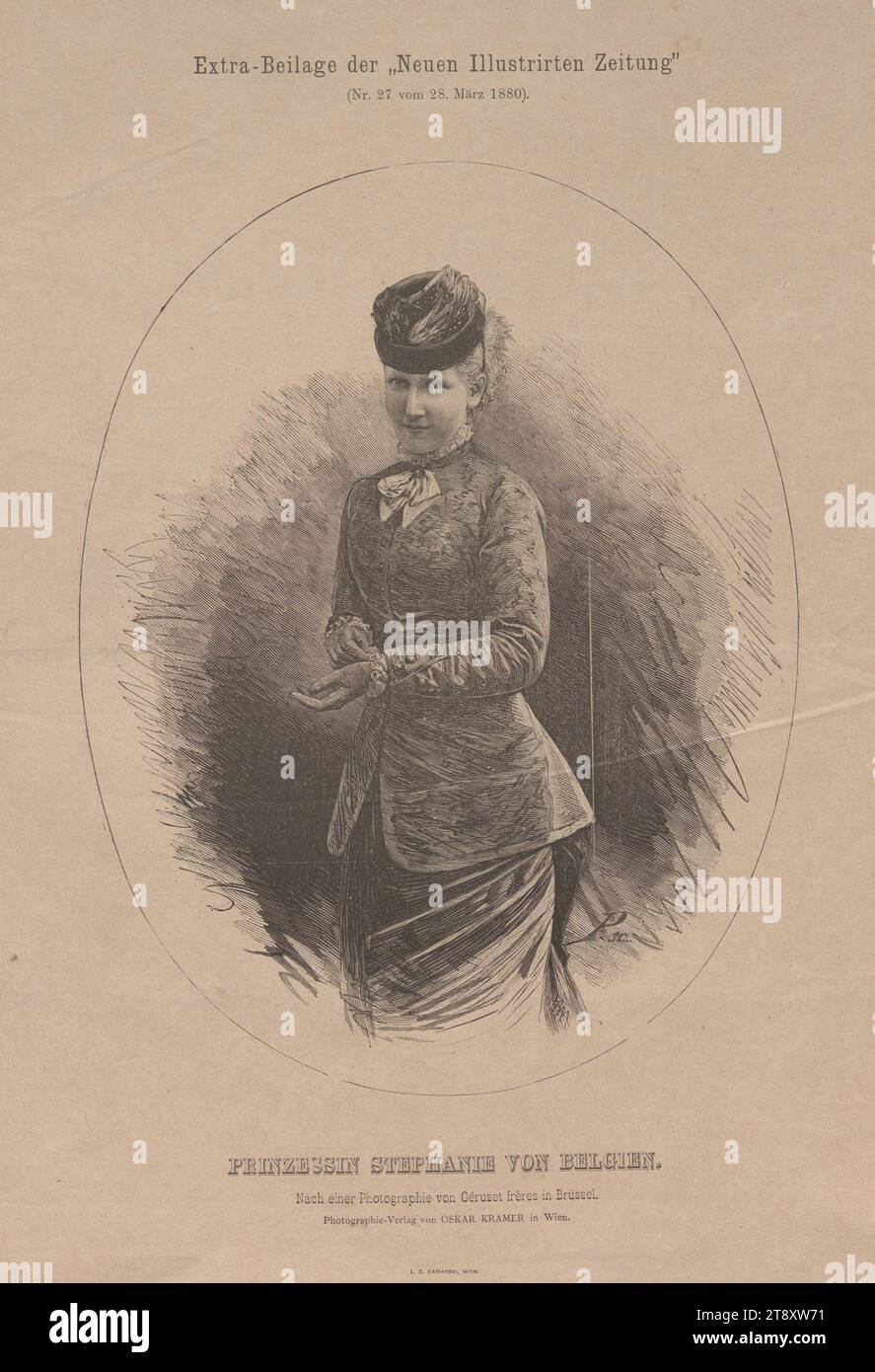 Princess Stephanie of Belgium (from 'Extra Beilage der 'Neuen Illustrirten Zeitung'), 1880, paper, wood engraving, height 39, 8 cm, width 28, 2 cm, Inscription, 'P. sc.', 'Nach einer Phototgraphie von Géruzet frères in Brüssel.', 'Photographie-Verlag von OSKAR KRAMER in Wien.', 'L. C. ZAMARSKI, VIENNA.', Fine Arts, Habsburgs, Media and Communication, Estate Constantin von Wurzbach, portrait, woman, weekly, monthly, magazine, etc., Stephanie of Belgium., The Vienna Collection Stock Photo