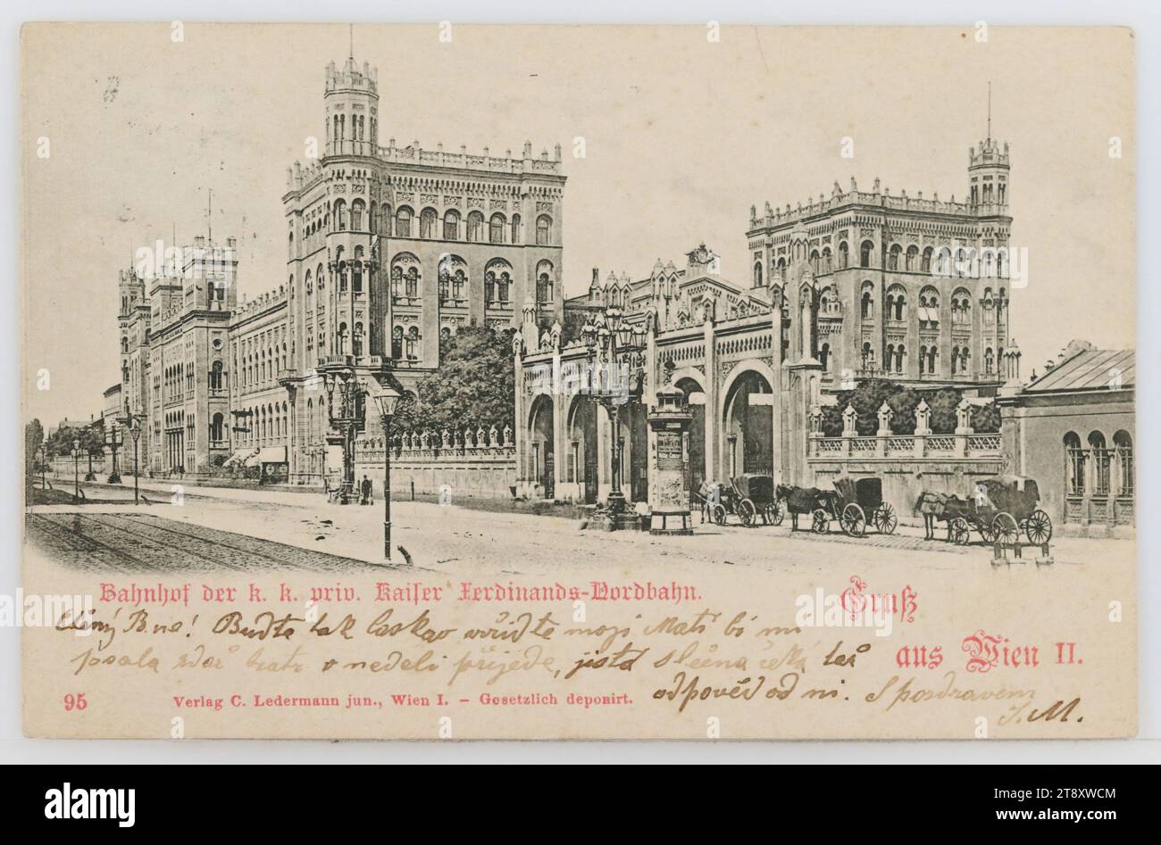 Greeting from Vienna II. Station of the k. k. priv. Kaiser Ferdinands-Nordbahn, Carl (Karl) Ledermann jun., Producer, 1899, paperboard, Collotype, Literature, Grosser Bahnhof. Vienna and the wider world, Main author: Wolfgang Kos, Günter Dinhobl, Walter Öhlinger, 2006, p. 273, Fig. p. 273, Cat. no. 2A, 49, Inscription, FROM, Vienna II, TO, Kostelec nad Orlici, ADDRESS, Velečtený Pan, Kostelec nad Orlici, Čechy (Czech Republic), MESSAGE, Čtený [...]! Buďte tak laskav viřiďte moji Matí bi mi psala Vaš bratr v nedeli přijede, jistá slečna čeká tež odpověd od ni. S pozdravem J.M. Stock Photo
