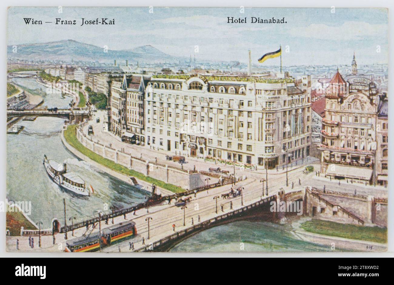 Vienna - Franz Josef-Kai, Hotel Dianabad, Hans Nachbargauer, Producer, 1918-1920, coated paperboard, halftone print, Danube, Hotel and Restaurant Industry, Public Transport, Media and Communication, traffic and transport, Postcards with transliteration, 2nd District: Leopoldstadt, ships (in general), canals, waters (in city), quay, bridge, railway, tramway; rack railway, Dianabad, handwriting, written text (CZECH), The Vienna Collection Stock Photo