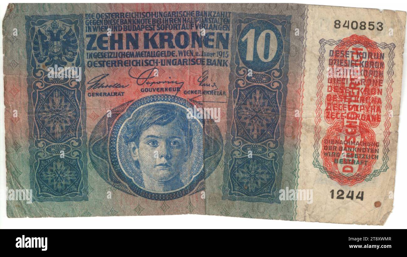 Banknote, 10 Crowns, Austro-Hungarian Bank, mint authority, Josef ...