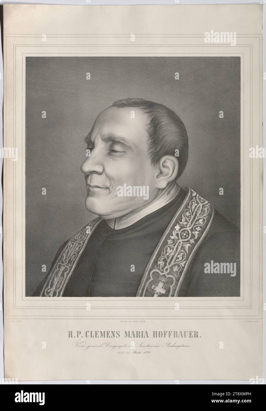 R. P. CLEMENS MARIA HOFFBAUER (sic!). Vicar. general. Congregationis Sanctissimi Redemptoris. obiit 15. Martii 1820.', Eduard Friedrich Leybold (1798-1879), lithographer, Joseph Stoufs, Printer, Date around 1850, paper, lithography, height 50, 2 cm, width 34, 7 cm, Inscription, 'P. RINN DELIN.', 'GED. BEI JOS. STOUFS, VIENNA.', 'F. LEYBOLD LITH.', Fine Arts, Religion, Estate Constantin von Wurzbach, portrait, man, priest (Roman Catholic), The Vienna Collection Stock Photo