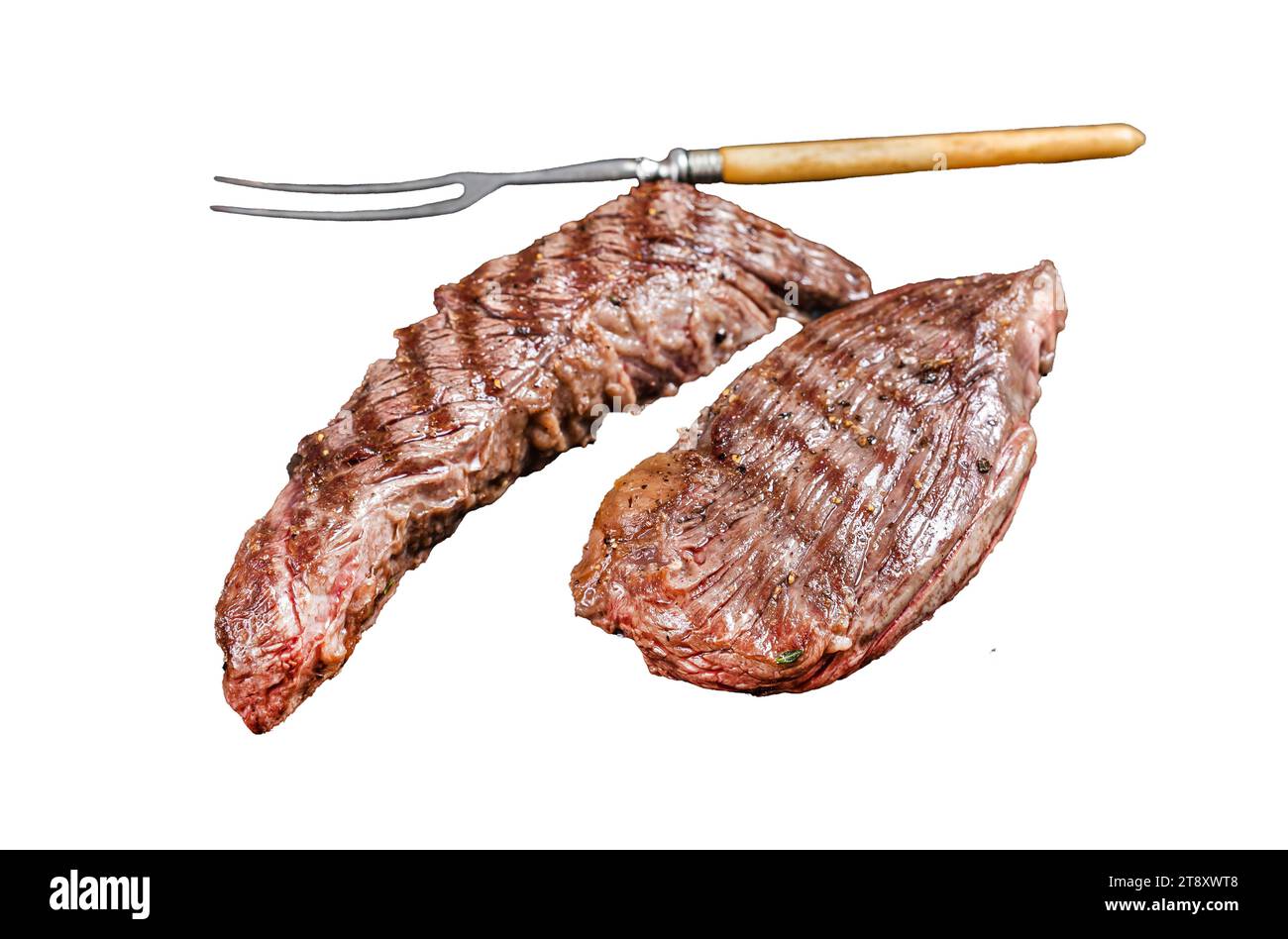 Grilled Sirloin flap or Bavette beef meat steak on a griil with herbs