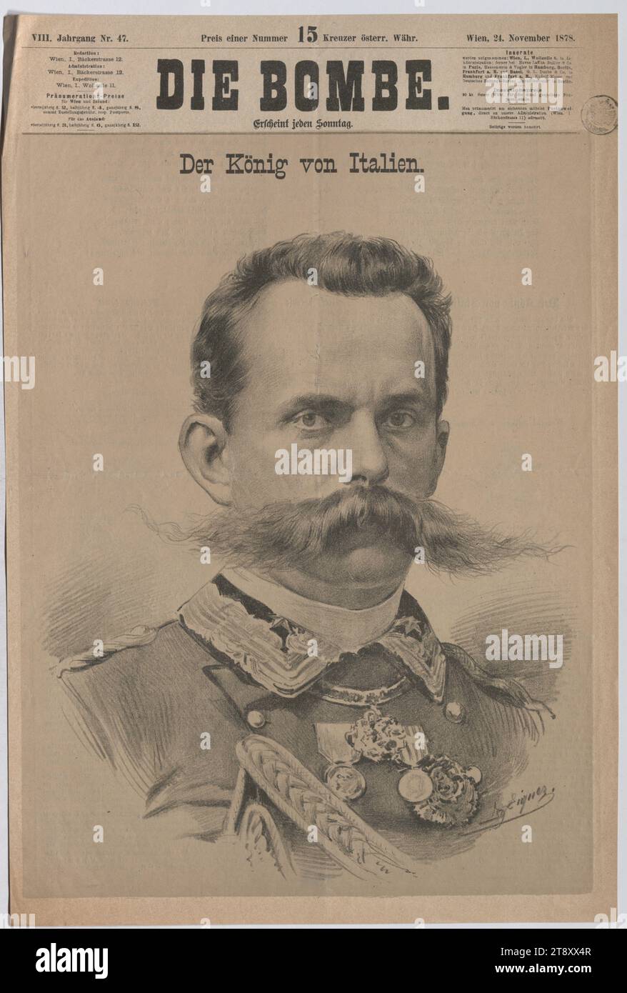 The King of Italy.', Ignaz Eigner (1854-1922), Artist, 1878, paper, colorised, height 45.2 cm, width 30.4 cm, Inscription, 'Ig Eigner', Fine Arts, Media and Communication, Estate Constantin von Wurzbach, portrait, ruler, sovereign, man, weekly, monthly, magazine, etc., The Vienna Collection Stock Photo
