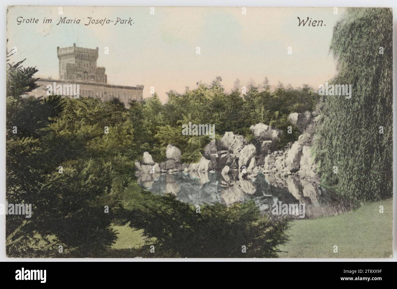 3rd, Schweizergarten (formerly Maria-Josefa-Park) - view towards Arsenal, picture postcard, Carl (Karl) Ledermann jun., Producer, 1907, paperboard, hand colorised, Collotype, Inscription, FROM, Wien, TO, Wien, ADDRESS, Wohlgeboren Frau Stadtbaumeister Wien VIII. Landongasse 42, MESSAGE, Dearest Mina! I am sorry that I have not yet returned your dear visit! But last Wednesday the weather was so miserable that the children were not allowed to go out. We hope to see you and the dear little ones next Wednesday, and until then I remain your friend, who sends you her warmest regards, Military Stock Photo