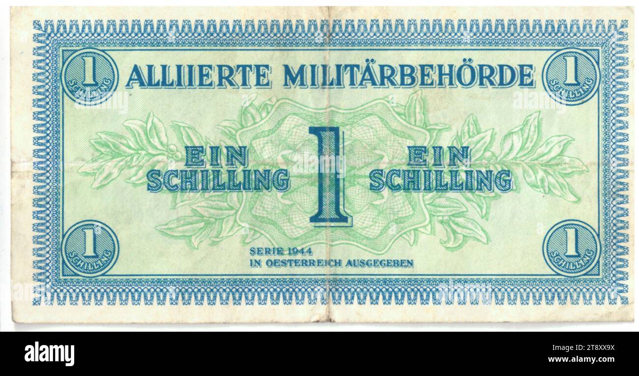 Banknote, 1 Schilling, Allied Military Authority (1945-1955), mint authority, 1944, paper, printing, width 114 mm, height 58 mm, Mint, Boston, Mint territory, Austria, World War 2 (1933-1945), World War 2, Finance, bank-note, money, The Vienna Collection Stock Photo