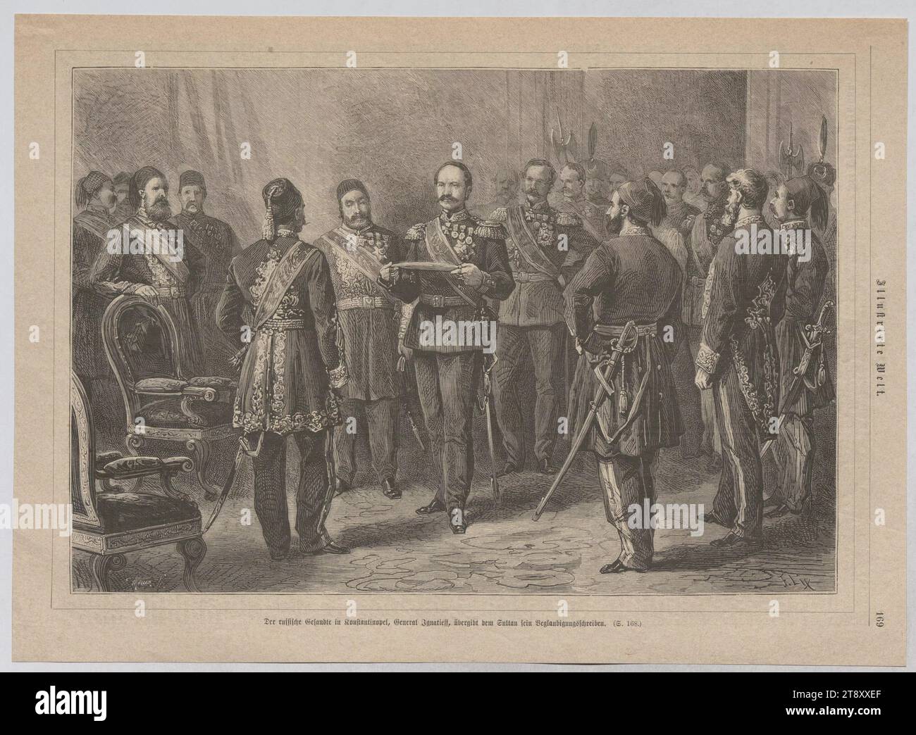 The Russian envoy in Constantinople, General Ignatieff, hands over his credentials to the Sultan.', Frédéric Lix (1830-1897), Artist, 1877, paper, wood engraving, height 26.7 cm, width 36.9 cm, Inscription, 'MOLLER sc.', 'F.Lix', Fine Arts, Media and Communication, Estate Constantin von Wurzbach, ruler, sovereign, man, weekly, monthly, magazine, etc., etc., etc., The Vienna Collection Stock Photo