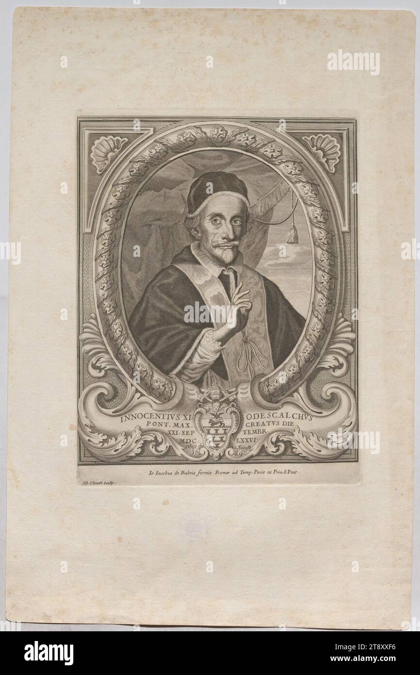 INNOCENTIUS XI. ODESCALCHUS PONT. MAX. CREATUS THE XXI. SEPTEMBR. MDC. LXXVI. obyt die 12. augusti 1689.', Albert Clouwet (1636-1679), copper engraver, Date around 1676, paper, copperplate engraving, height 40.3 cm, width 26.6 cm, plate size 24.5×18.6 cm, Inscription, 'Alb. Clouet sculp.', 'Jo. Jacobus de Rubeis formis Romae ad Temp. Pacis cu Priu. S. Pont.', Fine Arts, Religion, Estate Constantin von Wurzbach, portrait, pope, man, The Vienna Collection Stock Photo