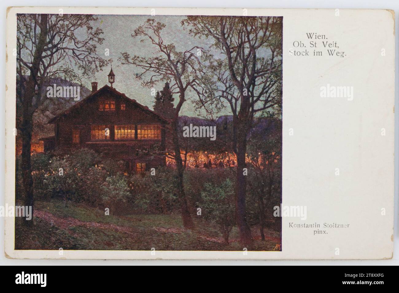 13th, Ober-St.-Veit - Stock im Weg, in der Dämmerung, picture postcard, 1920, coated paperboard, halftone print, Hotel and Restaurant Industry, Vienna Woods, Recreation and Leisure, Media and Communication, Postcards with transliteration, 13th District: Hietzing, with people, handwriting, written text, The Vienna Collection Stock Photo