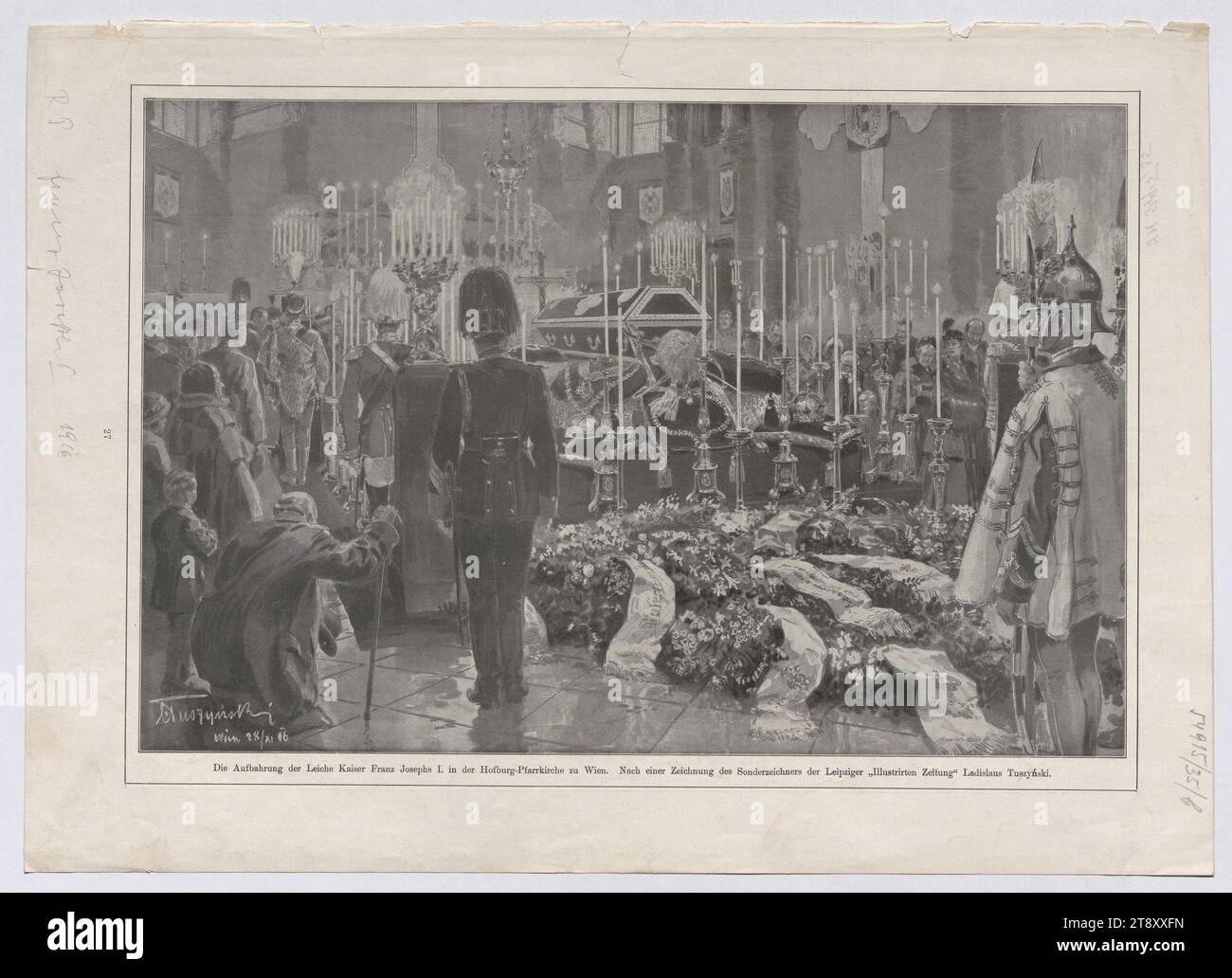 Extract from the 'Illustrierte Zeitung' 1916: Funeral services for Emperor Franz Joseph I on November 30, 1916 ('The laying out of the body of Emperor Franz Joseph I in the Hofburg parish church in Vienna', 'The funeral procession on St. Stephen's Square. '), 1916, newsprint, paper, printing, height 41, 3 cm, width 29, 7 cm, Media and Communication, Disease and Death, Habsburgs, Fine Arts, Dynastic Events, public funeral, funerary ceremonial, coffin, newspaper, news-sheet, The Vienna Collection Stock Photo
