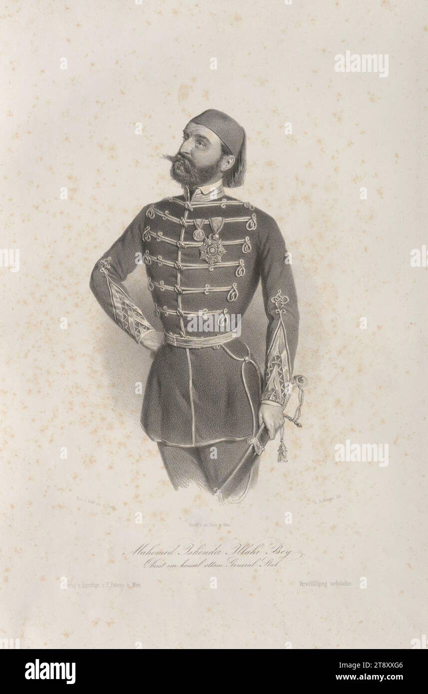 Mahomed Iskender Illahi Bey, commander-in-chief in the imperial ottom. General-Stab, Rudolf Hoffmann, lithographer, Joseph Stoufs, Printer, F. Paterno, publishing house, Date around 1850-1860, paper, lithography, height 49, 7 cm, width 34 cm, Inscription, 'Nach d. Natur gez. v. Zutter.', 'Druck v. Jos. Stoufs in Wien', 'R. Hoffmann lith.', 'Verlag u. Eigenthum v. F. Paterno in Wien.', Fine Arts, Military, Estate Constantin von Wurzbach, portrait, man, commander-in-chief, general, marshal, The Vienna Collection Stock Photo
