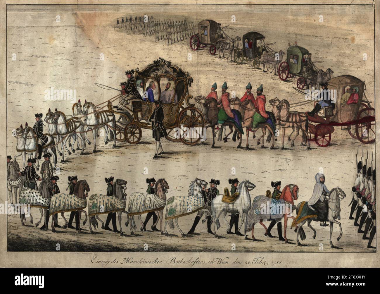Arrival of the Moroccan ambassador in Vienna 28 February 1783, Johann Hieronymus Löschenkohl (1753-1807), publishing house, 1783, paper, colorised, copperplate engraving, sheet size 38, 5×53, 5 cm, inscription, mi. u.: Entry of the Moroccan ambassador into Vienna 28 Feb. 1783, Politics, International Relations, Fine Arts, ambassador, four-wheeled, animal-drawn vehicle, e.g.: cab, carriage, coach, voyage  ambassador, The Vienna Collection Stock Photo