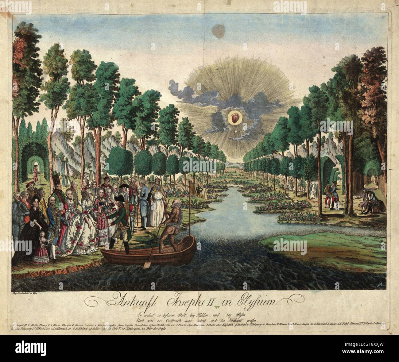Arrival of Joseph II in the Elysium' (Allegorical representation after the death of Joseph II on 20 Feb 1790), Johann Hieronymus Löschenkohl (1753-1807), publishing house, 1790, paper, colorised, copperplate engraving, sheet size 45×53, 5 cm, plate size 40, 3×47, 7 cm, Inscription, li. u.: Bey Löschenkohl in Vienna; Mi. u.: Arrival of Joseph II in Elysium, He dwells in a better world with heroes and with wise men Stock Photo
