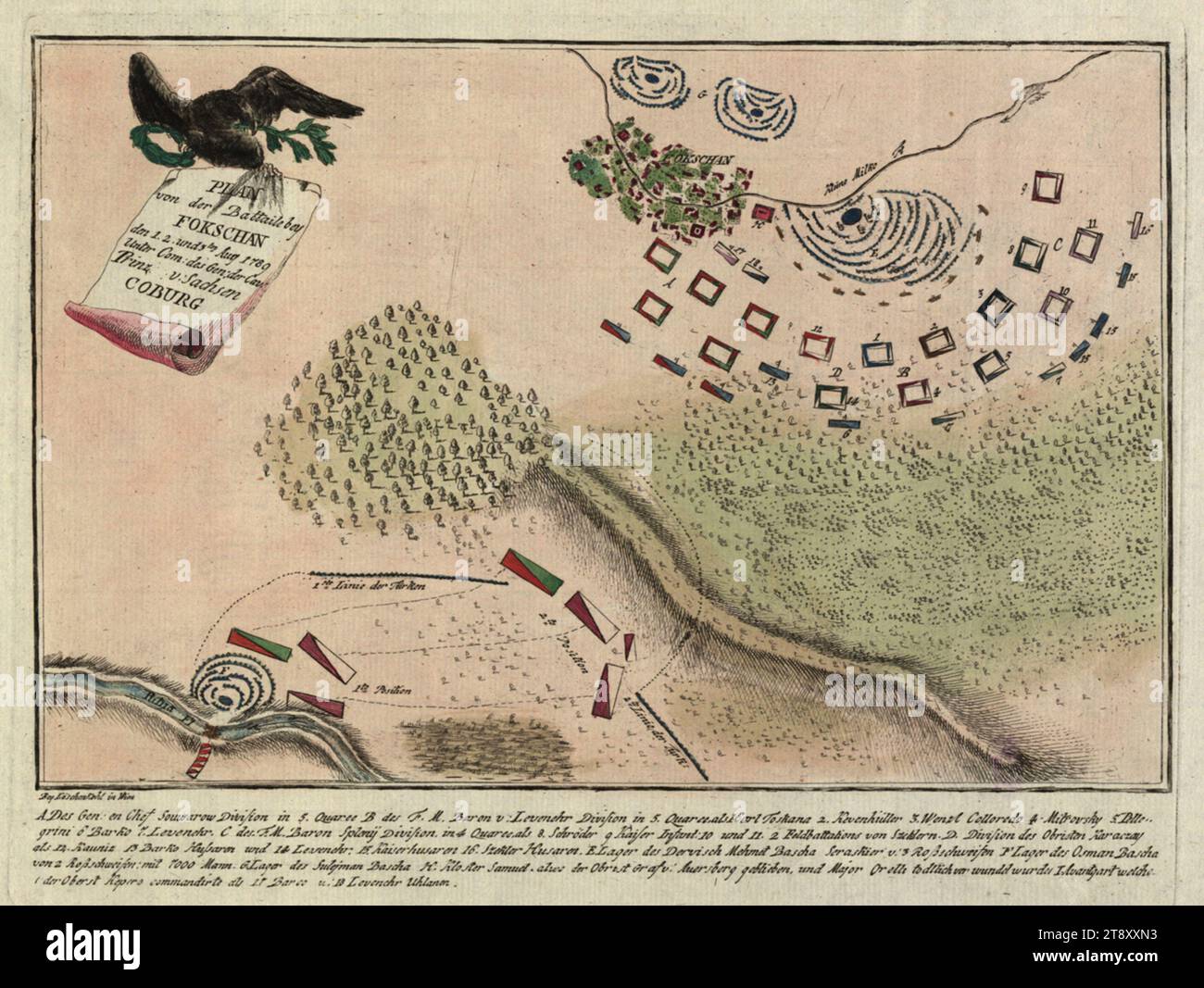 Plan of the Battle of Foksan (Focșani) from July 31 to August 3, 1789, Johann Hieronymus Löschenkohl (1753-1807), publishing house, 1789, paper, colorised, copperplate engraving, sheet size 30, 8×48, 5 cm, plate size 22×28, 5 cm, Inscription, li. u.: Bey Löschenkohl in Wien; in the picture li. o.: PLAN, von der Battaille bey, FOKSCHAN, den 1. 2. und 3ten Aug 1789, Unter Com: des Gen: der Cav:, Prinz v: Sachsen, COBURG, Unter dem Kartenbild Beschreibung, War and War Events, Military, Fine Arts, battle, fighting in general, The Vienna Collection Stock Photo