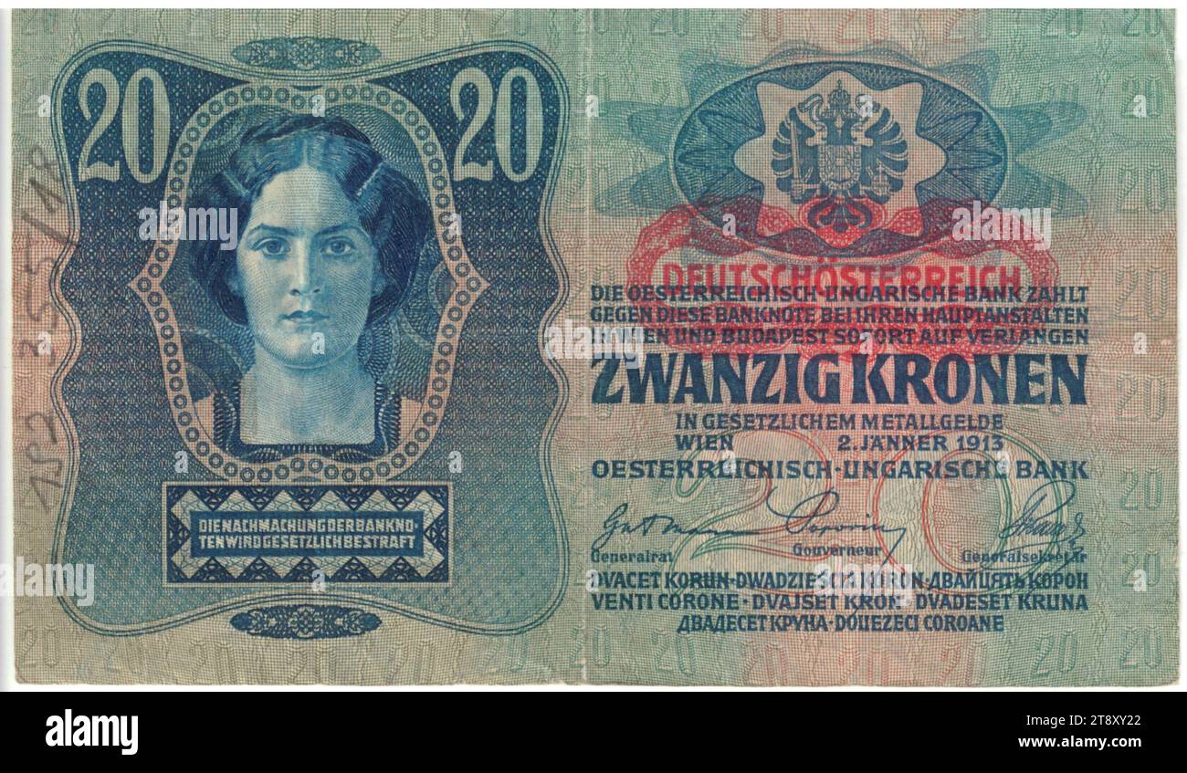 Banknote, 20 Kronen, Österreichisch-ungarische Bank, mint authority, Josef Pfeiffer (1864-1915), Artist, 02.01.1913, paper, printing, width 150 mm, height 90 mm, Mint, Wien, Mint territory, Österreich, 1. Republik (1918-1933), The First Republic, Finance, woman, coat of arms (as symbol of the state, etc.), bank-note, money, The Vienna Collection Stock Photo