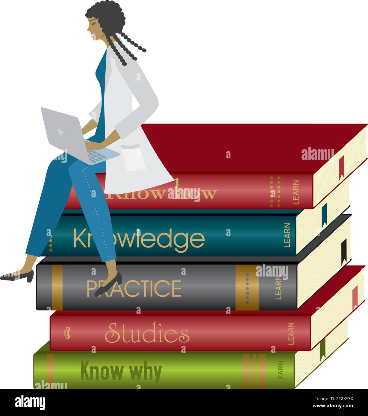 Books And Appers Woman, doctor, nurse, scientist sitting on a pile of books. Isolated ...