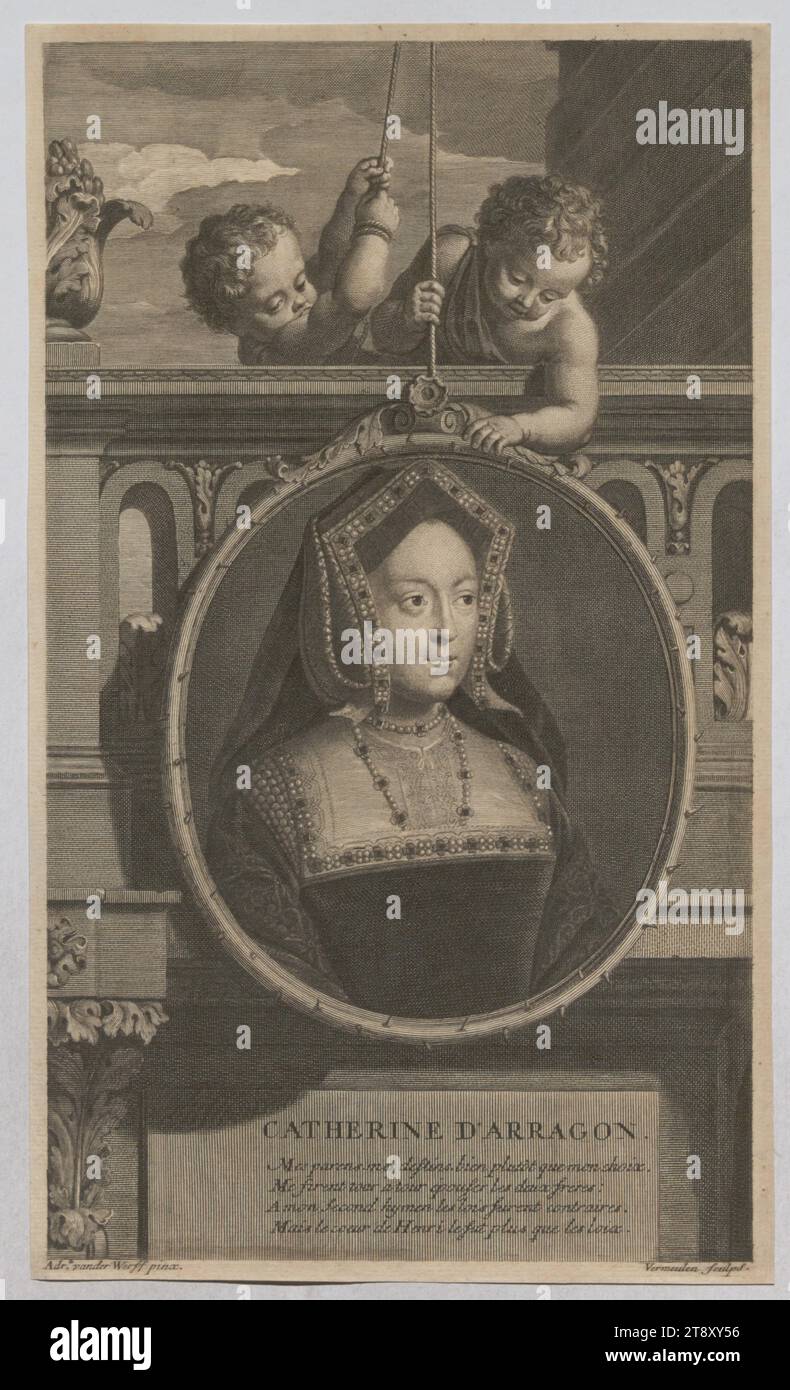 CATHERINE D' ARRAGON.', Cornelis Vermeulen (1644-1708), copper engraver, Date before 1708, paper, copperplate engraving, height 30, 5 cm, width 17, 9 cm, Inscription, 'Adrn. vander Werff pinx.', 'Vermeulen sculps.', Fine Arts, Estate Constantin von Wurzbach, portrait, woman, queen; empress, ruler, sovereign, The Vienna Collection Stock Photo