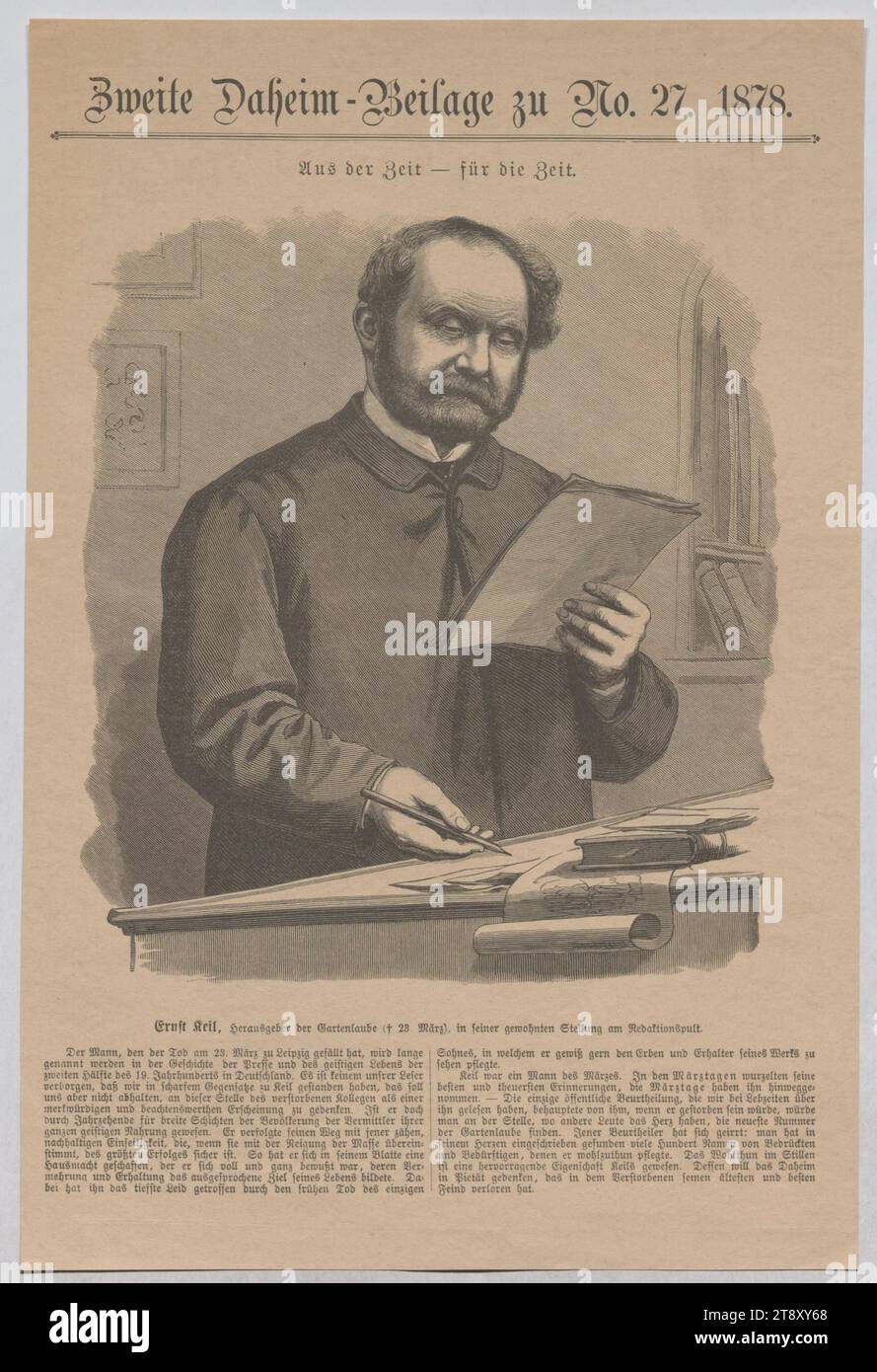 Ernst Keil, editor of the 'Gartenlaube' (+ March 23), in his usual position at the editorial desk (from 'Zweite Daheim-Beilage zu No. 27. 1878.'), Unknown, 1878, paper, wood engraving, height 31.4 cm, width 21 cm, Fine Arts, Media and Communication, Estate Constantin von Wurzbach, portrait, man, weekly, monthly, magazine, etc., The Vienna Collection Stock Photo